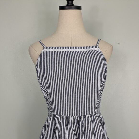 Old Navy Knee Midi Dress M Blue White Stripe Flare Beach Preppy Picnic Natutical - Picture 4 of 14